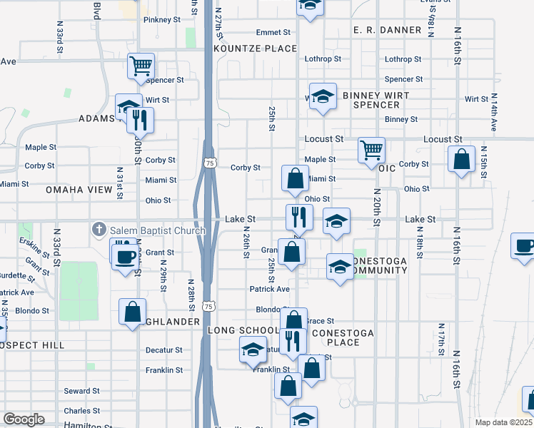 map of restaurants, bars, coffee shops, grocery stores, and more near 2502 Lake Street in Omaha