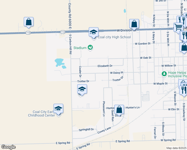 map of restaurants, bars, coffee shops, grocery stores, and more near 695 West Daisy Place in Coal City