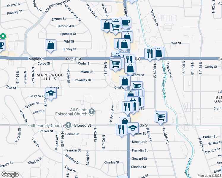 map of restaurants, bars, coffee shops, grocery stores, and more near 9231 Ohio Street in Omaha
