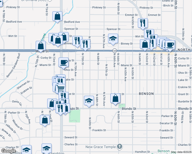 map of restaurants, bars, coffee shops, grocery stores, and more near 2520 N 68th St in Omaha