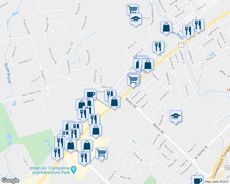 map of restaurants, bars, coffee shops, grocery stores, and more near 380 Meloy Road in West Haven