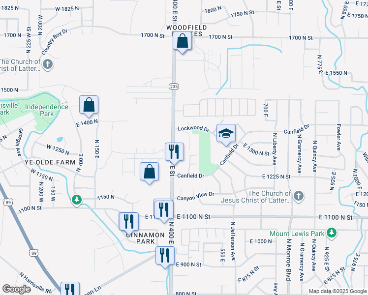 map of restaurants, bars, coffee shops, grocery stores, and more near 1340 North Ogden Avenue in Ogden