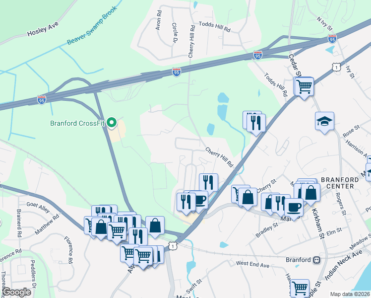 map of restaurants, bars, coffee shops, grocery stores, and more near 7 Montoya Drive in Branford