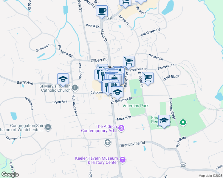 map of restaurants, bars, coffee shops, grocery stores, and more near 395-399 Main Street in Ridgefield