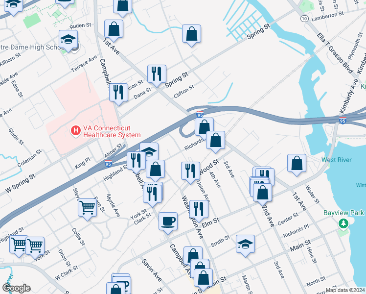 map of restaurants, bars, coffee shops, grocery stores, and more near 75 Richards Street in West Haven