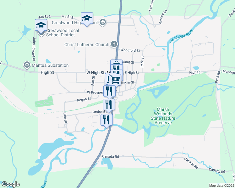 map of restaurants, bars, coffee shops, grocery stores, and more near 4680 East Prospect Street in Mantua