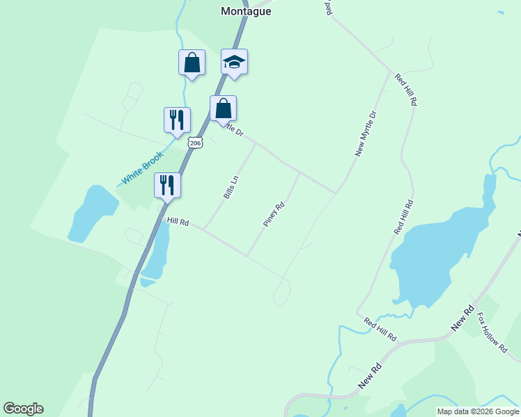 map of restaurants, bars, coffee shops, grocery stores, and more near 6 Piney Road in Montague