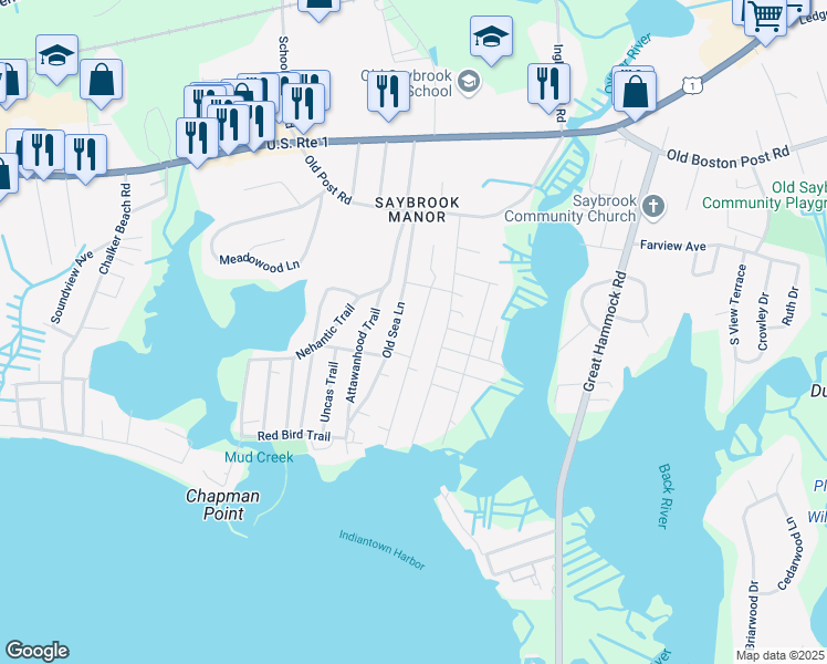 map of restaurants, bars, coffee shops, grocery stores, and more near 30 Hartford Avenue in Old Saybrook