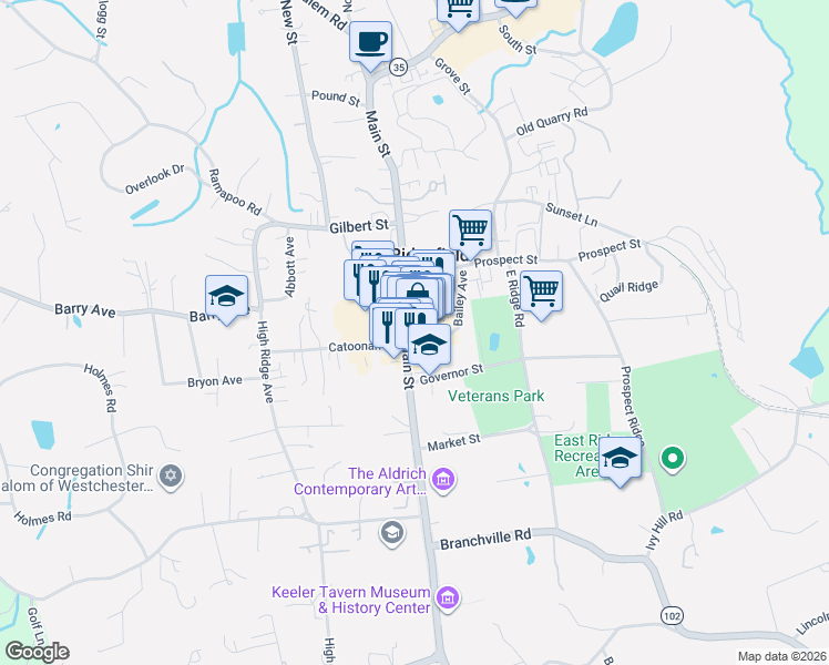 map of restaurants, bars, coffee shops, grocery stores, and more near 406 Main Street in Ridgefield