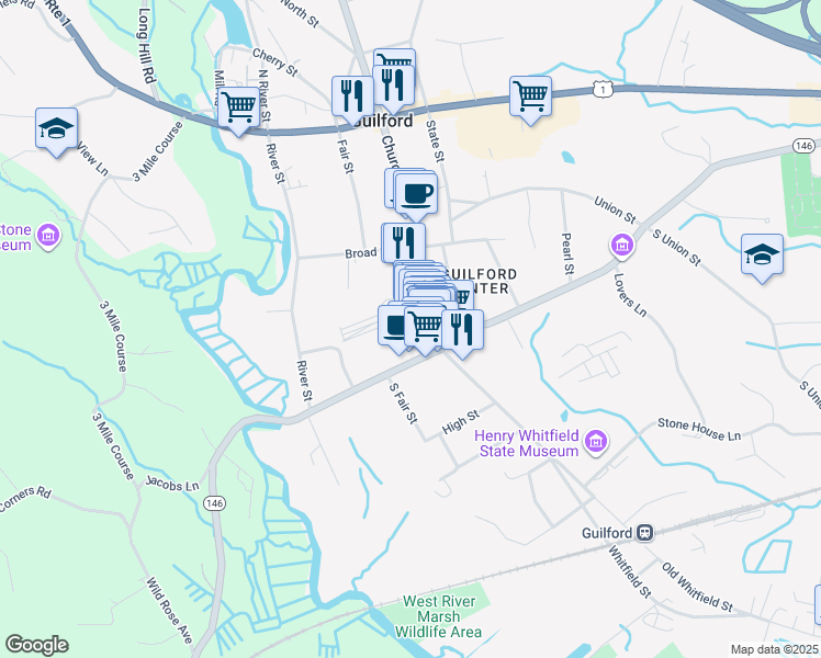 map of restaurants, bars, coffee shops, grocery stores, and more near 11 Water Street in Guilford