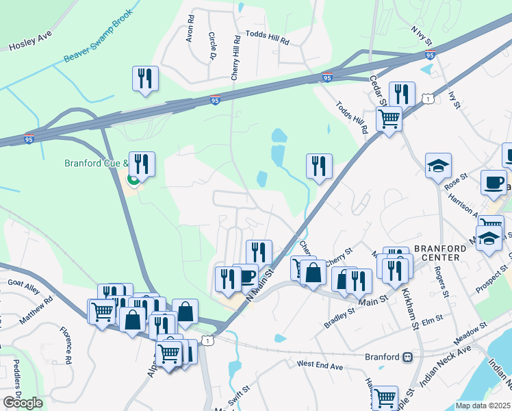 map of restaurants, bars, coffee shops, grocery stores, and more near 36 Montoya Drive in Branford