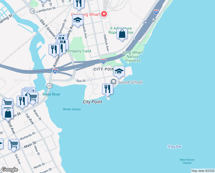 map of restaurants, bars, coffee shops, grocery stores, and more near 99 South Water Street in New Haven