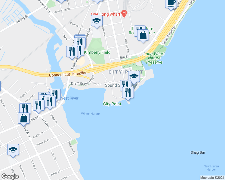 map of restaurants, bars, coffee shops, grocery stores, and more near 19 Harbour Close in New Haven