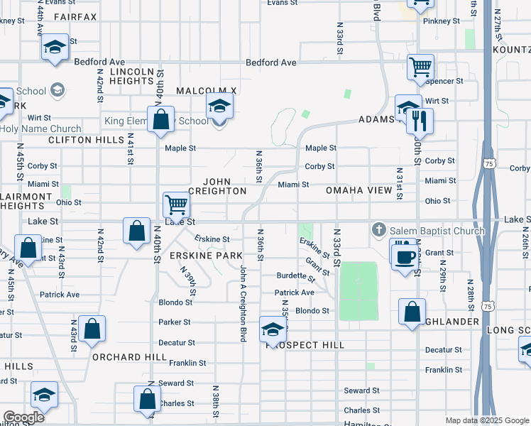 map of restaurants, bars, coffee shops, grocery stores, and more near 3502 Lake Street in Omaha