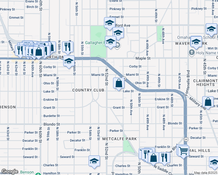 map of restaurants, bars, coffee shops, grocery stores, and more near 2502 North 51st Avenue in Omaha
