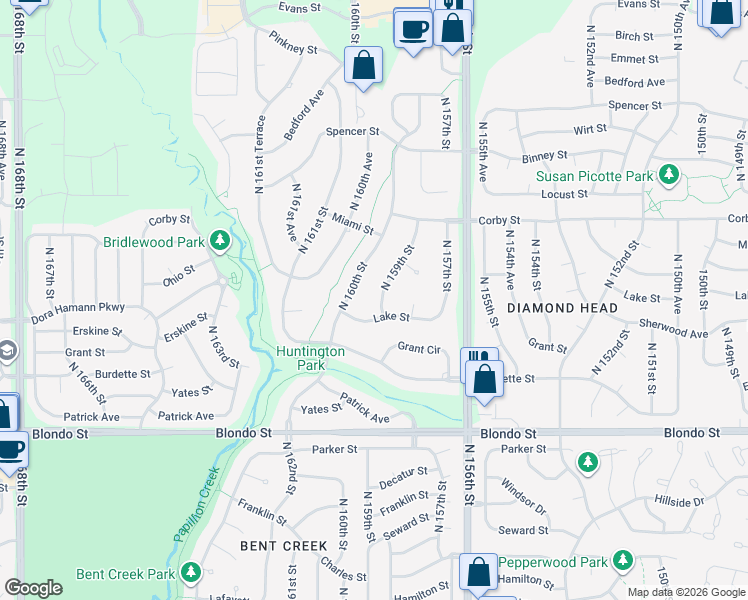 map of restaurants, bars, coffee shops, grocery stores, and more near 15904 Lake Street in Omaha