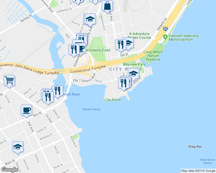 map of restaurants, bars, coffee shops, grocery stores, and more near 42 Harbour Close in New Haven