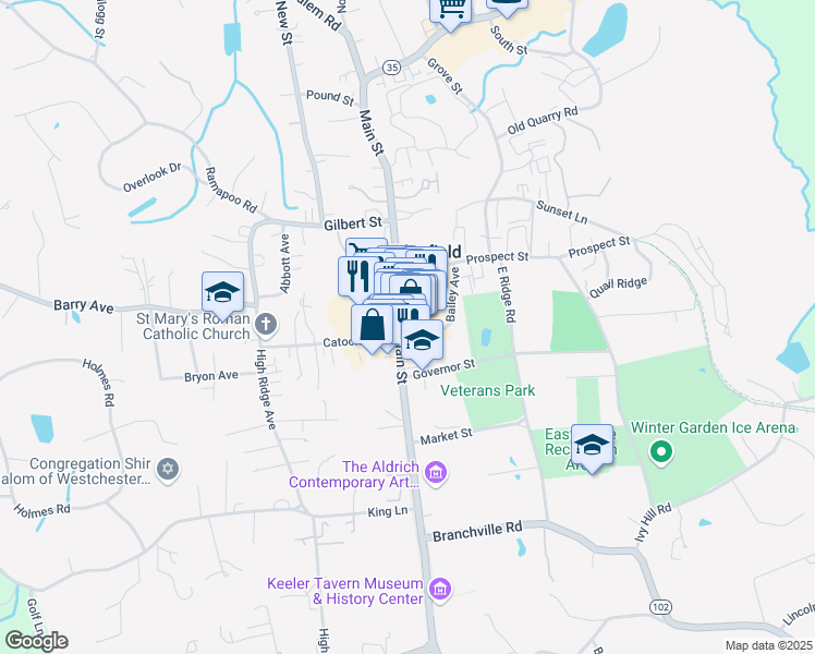 map of restaurants, bars, coffee shops, grocery stores, and more near 395-399 Main Street in Ridgefield