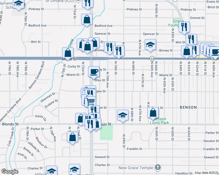 map of restaurants, bars, coffee shops, grocery stores, and more near 2503 North 70th Avenue in Omaha