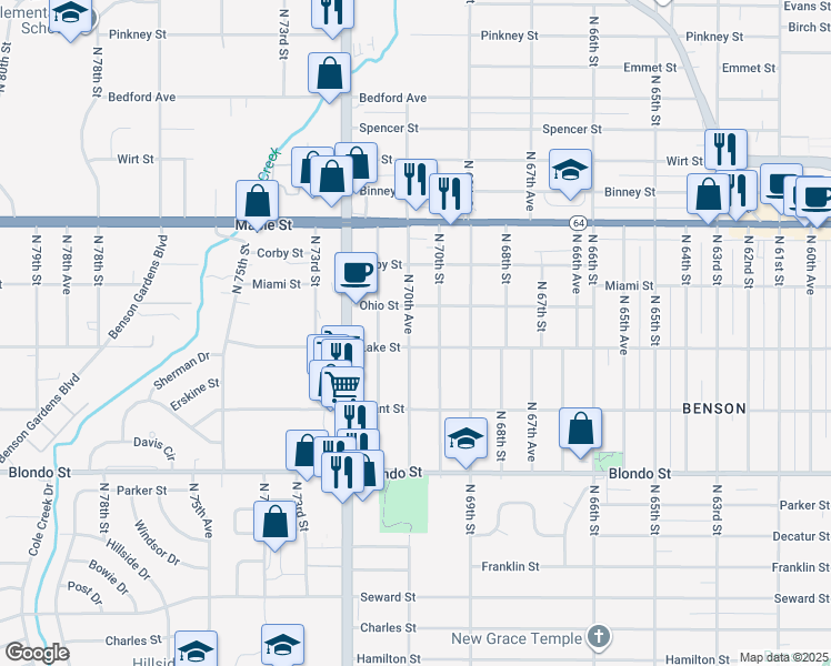 map of restaurants, bars, coffee shops, grocery stores, and more near 2511 North 70th Avenue in Omaha