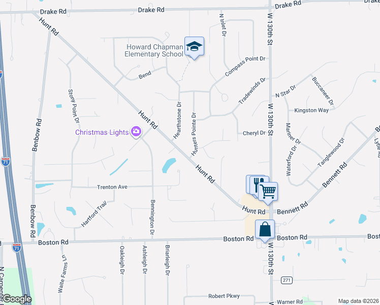 map of restaurants, bars, coffee shops, grocery stores, and more near 19088 Hunters Pointe Drive in Strongsville