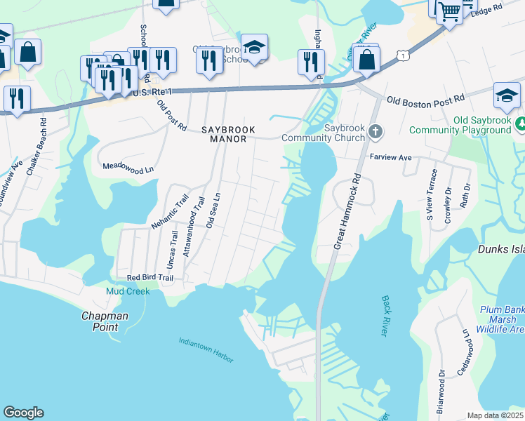 map of restaurants, bars, coffee shops, grocery stores, and more near 3 Whitney Avenue in Old Saybrook