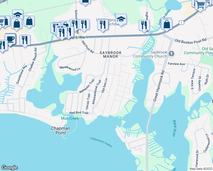 map of restaurants, bars, coffee shops, grocery stores, and more near 30 Hartford Avenue in Old Saybrook