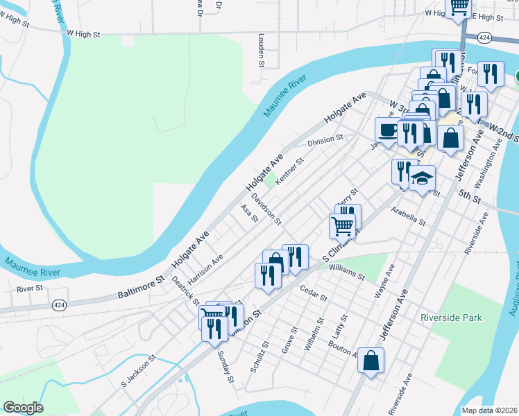 map of restaurants, bars, coffee shops, grocery stores, and more near 916 Harrison Avenue in Defiance