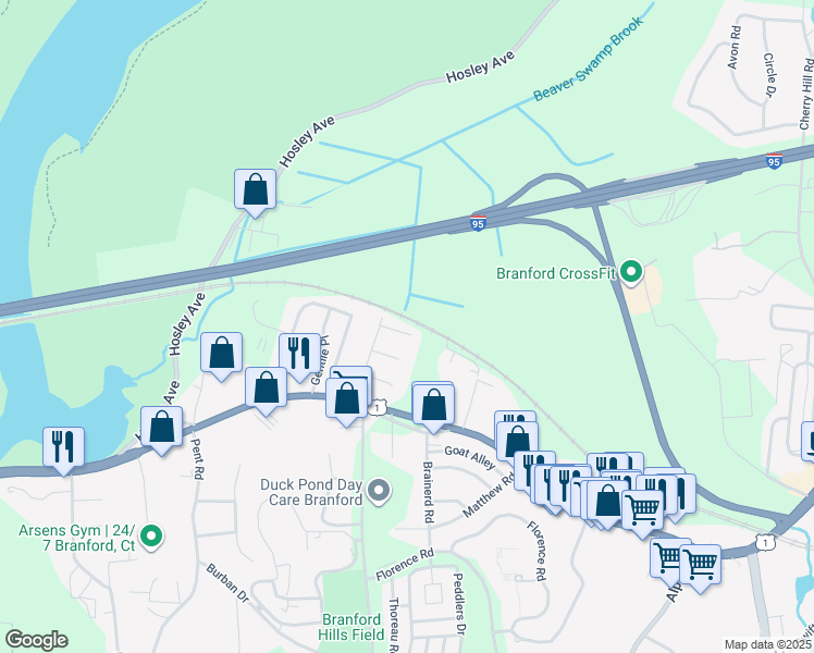 map of restaurants, bars, coffee shops, grocery stores, and more near 7 Damien Road in Branford