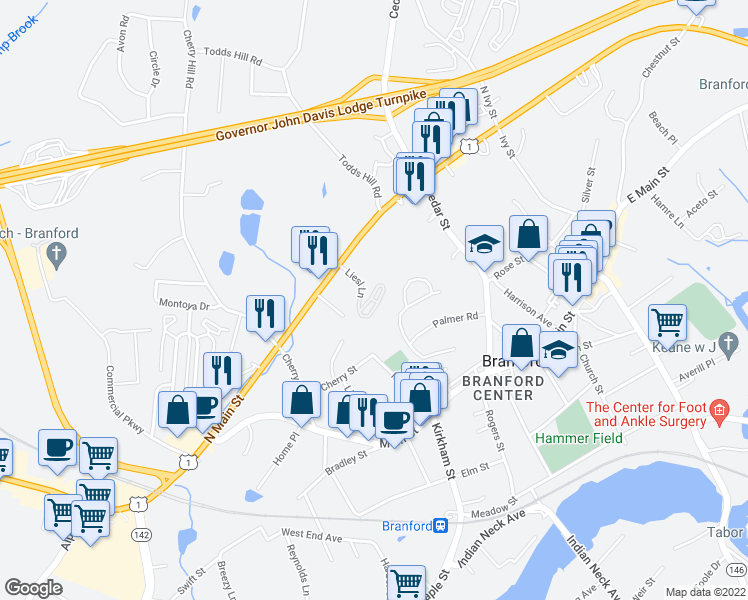 map of restaurants, bars, coffee shops, grocery stores, and more near 64 Stone Ridge Lane in Branford