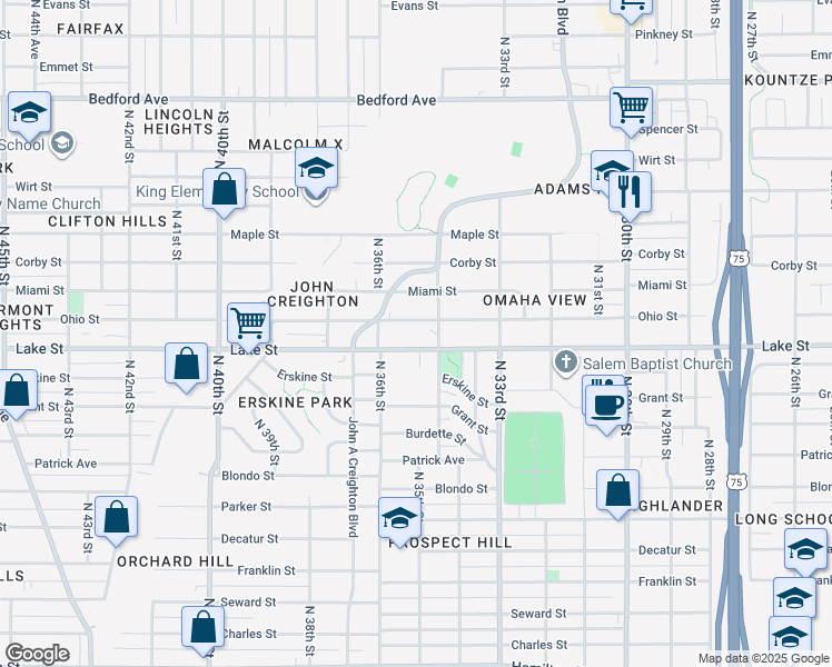 map of restaurants, bars, coffee shops, grocery stores, and more near 3454 Lake Street in Omaha