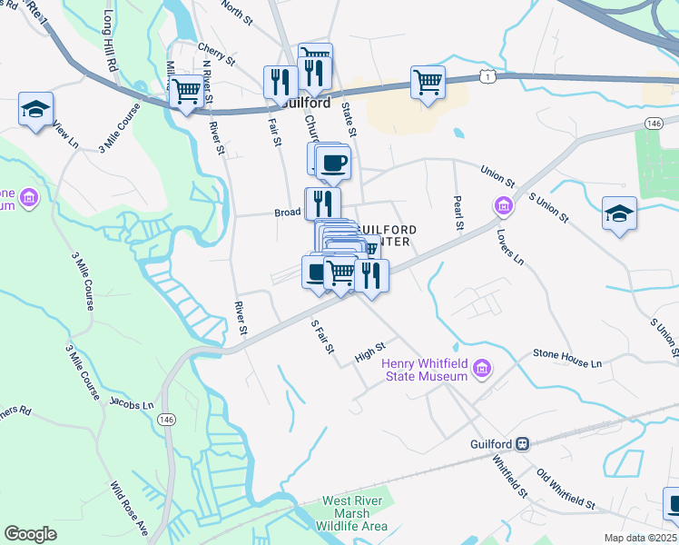 map of restaurants, bars, coffee shops, grocery stores, and more near 11 Water Street in Guilford