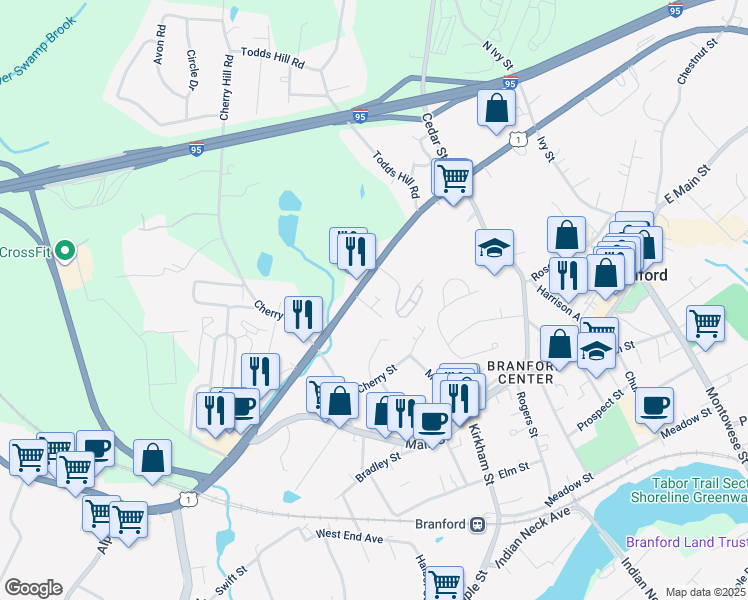 map of restaurants, bars, coffee shops, grocery stores, and more near 11 Clancy Road in Branford