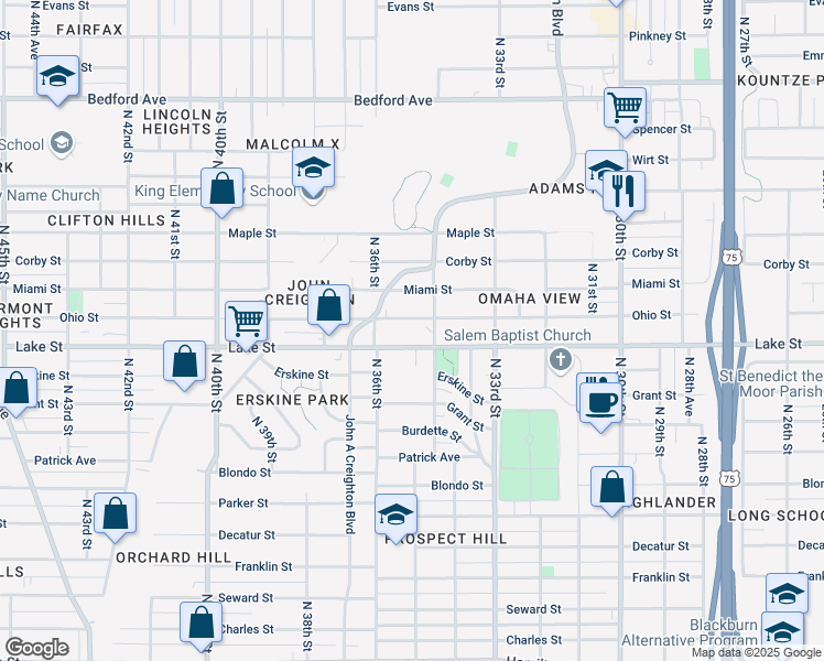 map of restaurants, bars, coffee shops, grocery stores, and more near 3454 Lake Street in Omaha