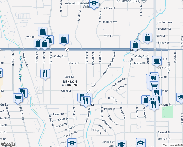 map of restaurants, bars, coffee shops, grocery stores, and more near 7808 Lake Street in Omaha