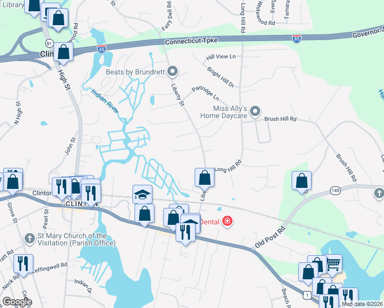 map of restaurants, bars, coffee shops, grocery stores, and more near 50 Liberty Street in Clinton