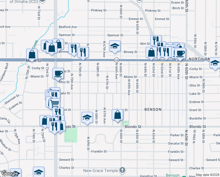map of restaurants, bars, coffee shops, grocery stores, and more near 6702 Lake Street in Omaha