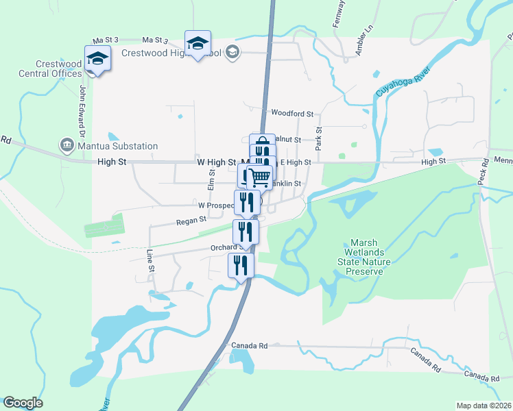 map of restaurants, bars, coffee shops, grocery stores, and more near 4680 East Prospect Street in Mantua