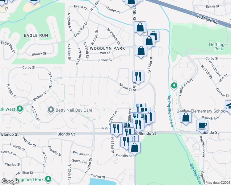 map of restaurants, bars, coffee shops, grocery stores, and more near 2512 North 121st Street in Omaha