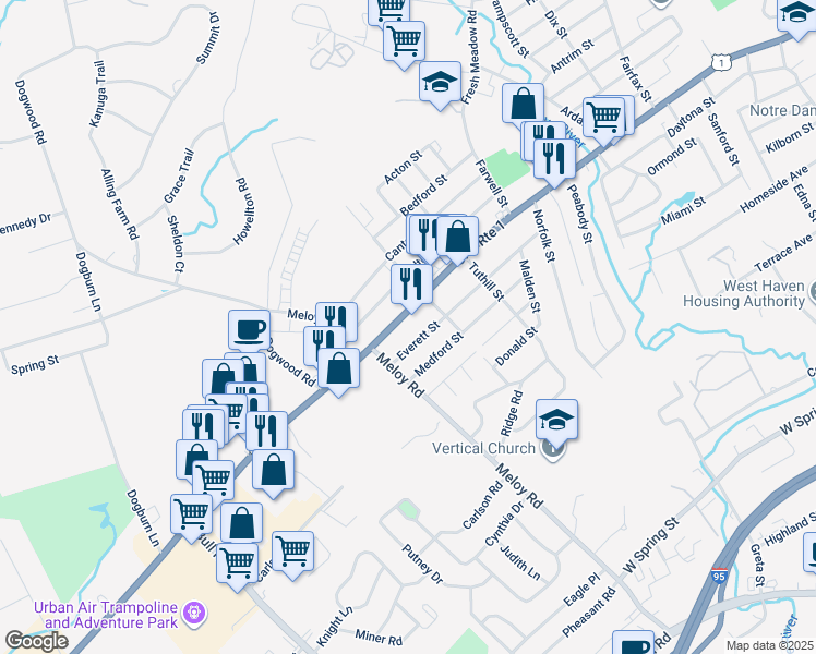 map of restaurants, bars, coffee shops, grocery stores, and more near 172 Everett Street in West Haven