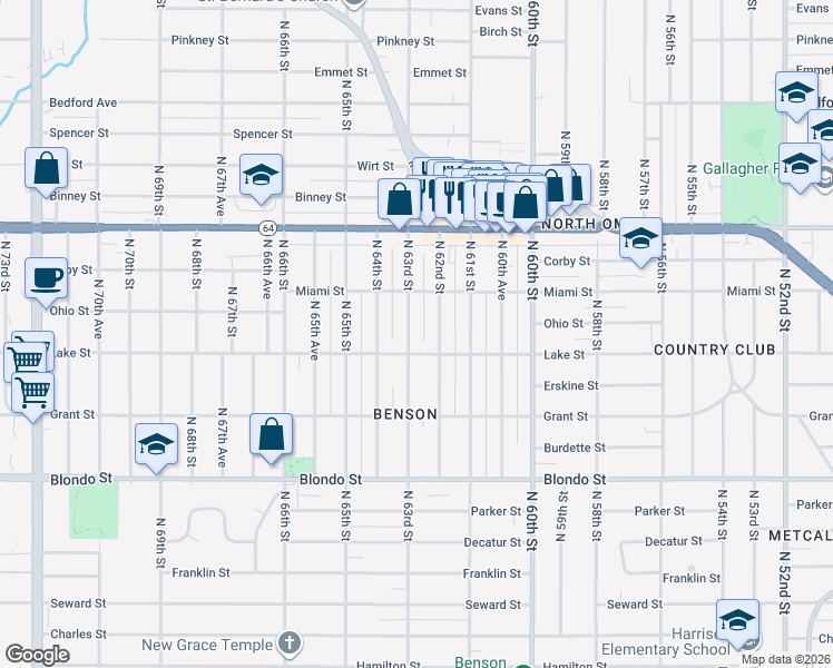 map of restaurants, bars, coffee shops, grocery stores, and more near 6212 Lake Street in Omaha