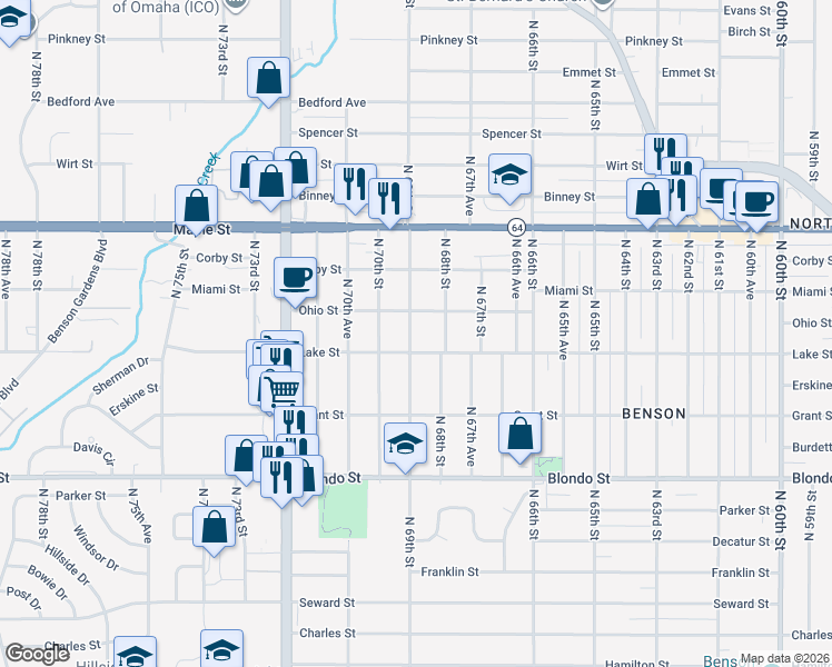 map of restaurants, bars, coffee shops, grocery stores, and more near 2513 North 69th Street in Omaha