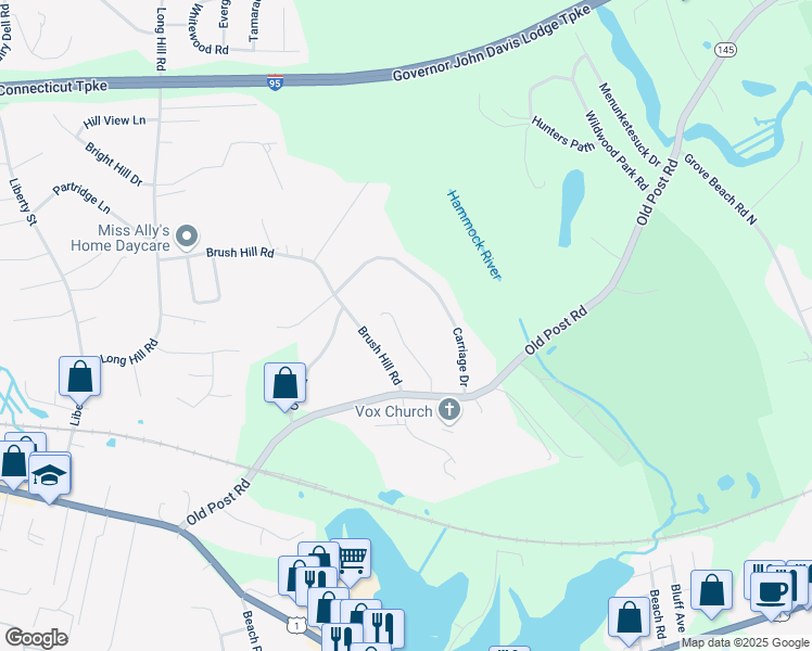 map of restaurants, bars, coffee shops, grocery stores, and more near 40 Brush Hill Road in Clinton