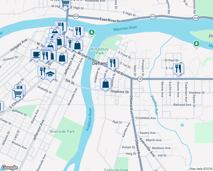 map of restaurants, bars, coffee shops, grocery stores, and more near 474-498 Summit St in Defiance