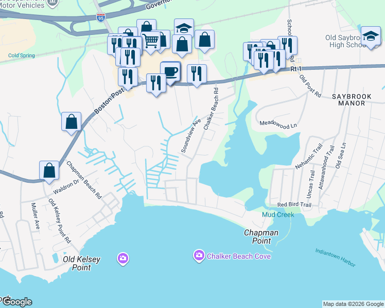map of restaurants, bars, coffee shops, grocery stores, and more near 95 Chalker Beach Road in Old Saybrook