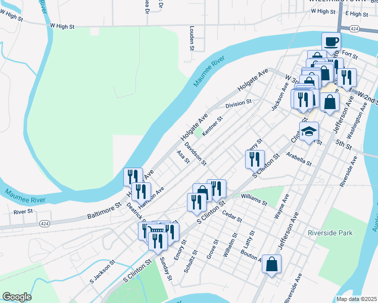 map of restaurants, bars, coffee shops, grocery stores, and more near 916 Harrison Avenue in Defiance