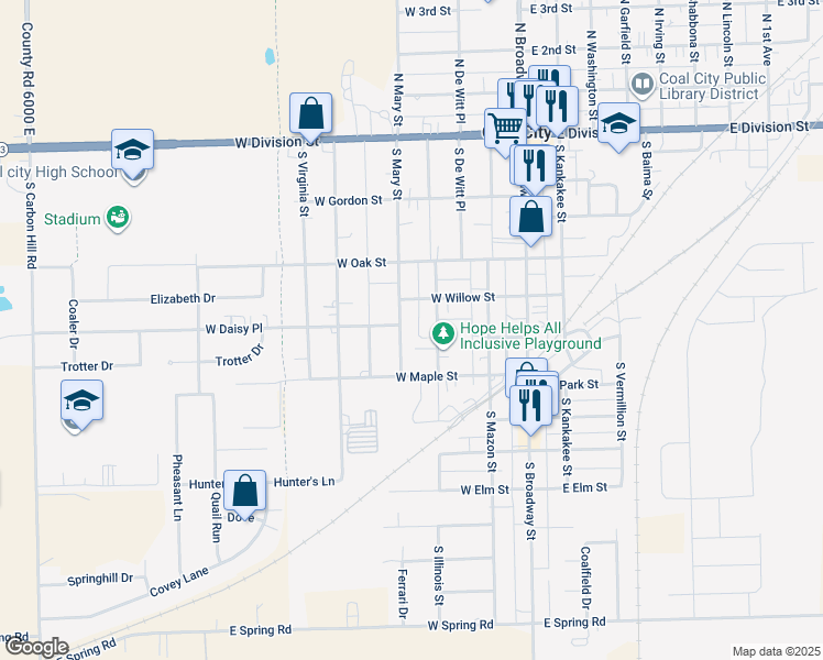 map of restaurants, bars, coffee shops, grocery stores, and more near 455 South Mary Street in Coal City