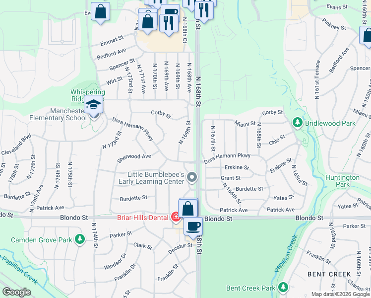 map of restaurants, bars, coffee shops, grocery stores, and more near 16807 Cady Circle in Omaha