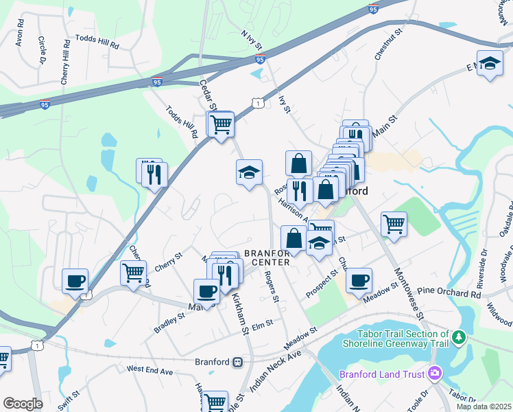 map of restaurants, bars, coffee shops, grocery stores, and more near 20 Palmer Road in Branford