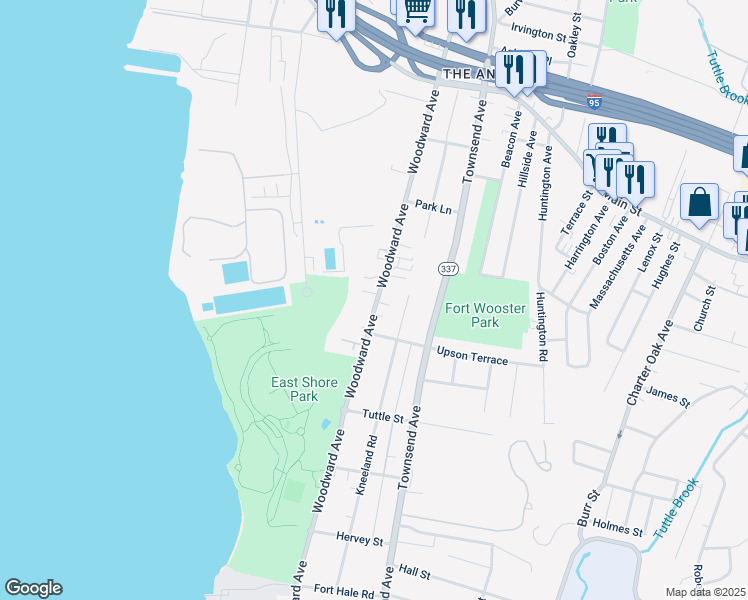 map of restaurants, bars, coffee shops, grocery stores, and more near 465 Woodward Avenue in New Haven
